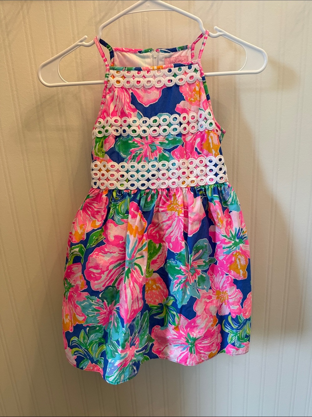 Lilly Pulitzer Pink & Blue Floral Halter Dress with Crochet Trim